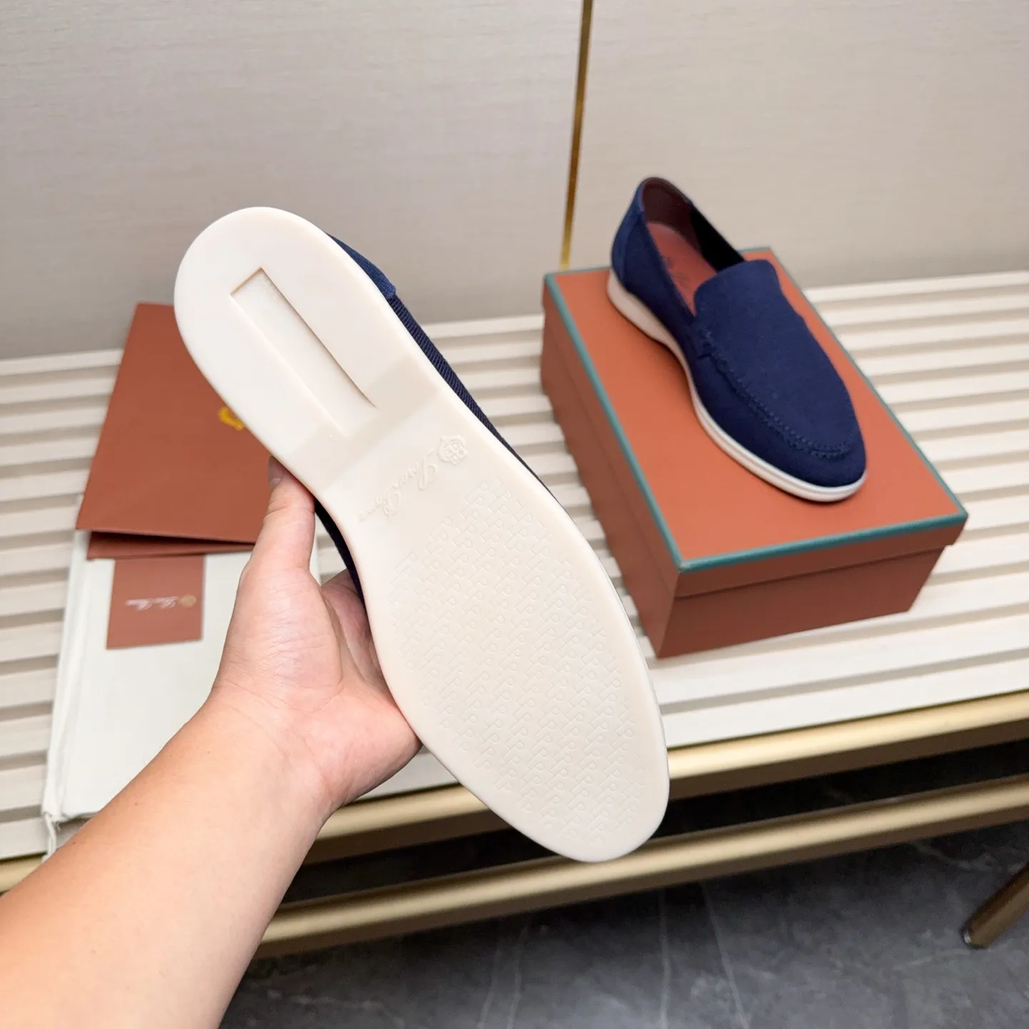 Men's Men's Shoes 💰400 Loro PIana moccasins are made of wish wool fabric. The upper is made of knitted fabric, made on a loom, and then attached to a rubber sole. The Rain System's water-repellent treatment enhances the shoe's functional design, while the suede details give the shoe a sense of elegance and sophistication. Made from Wish, fine wool from Australian and New Zealand Merino sheep